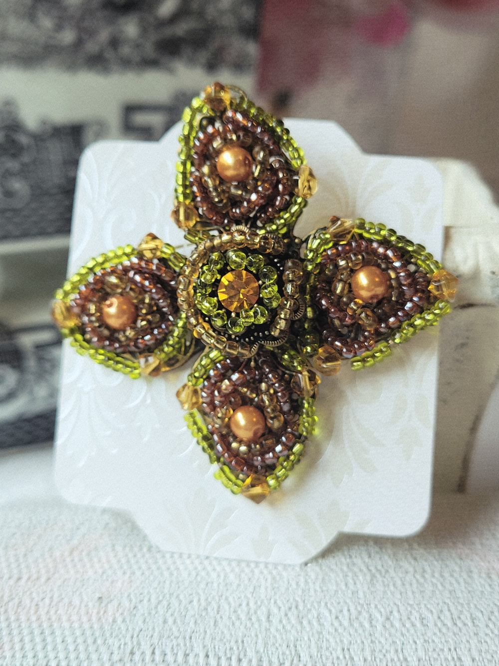 Handcrafted Vintage Green and Gold Beaded Floral Brooch - Picture 2 of 2